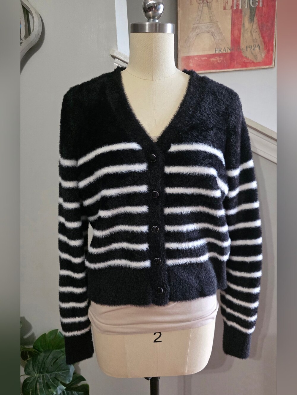 Rachel Zoe Cardigan Sweater Fuzzy Black White Stripe Medium New
